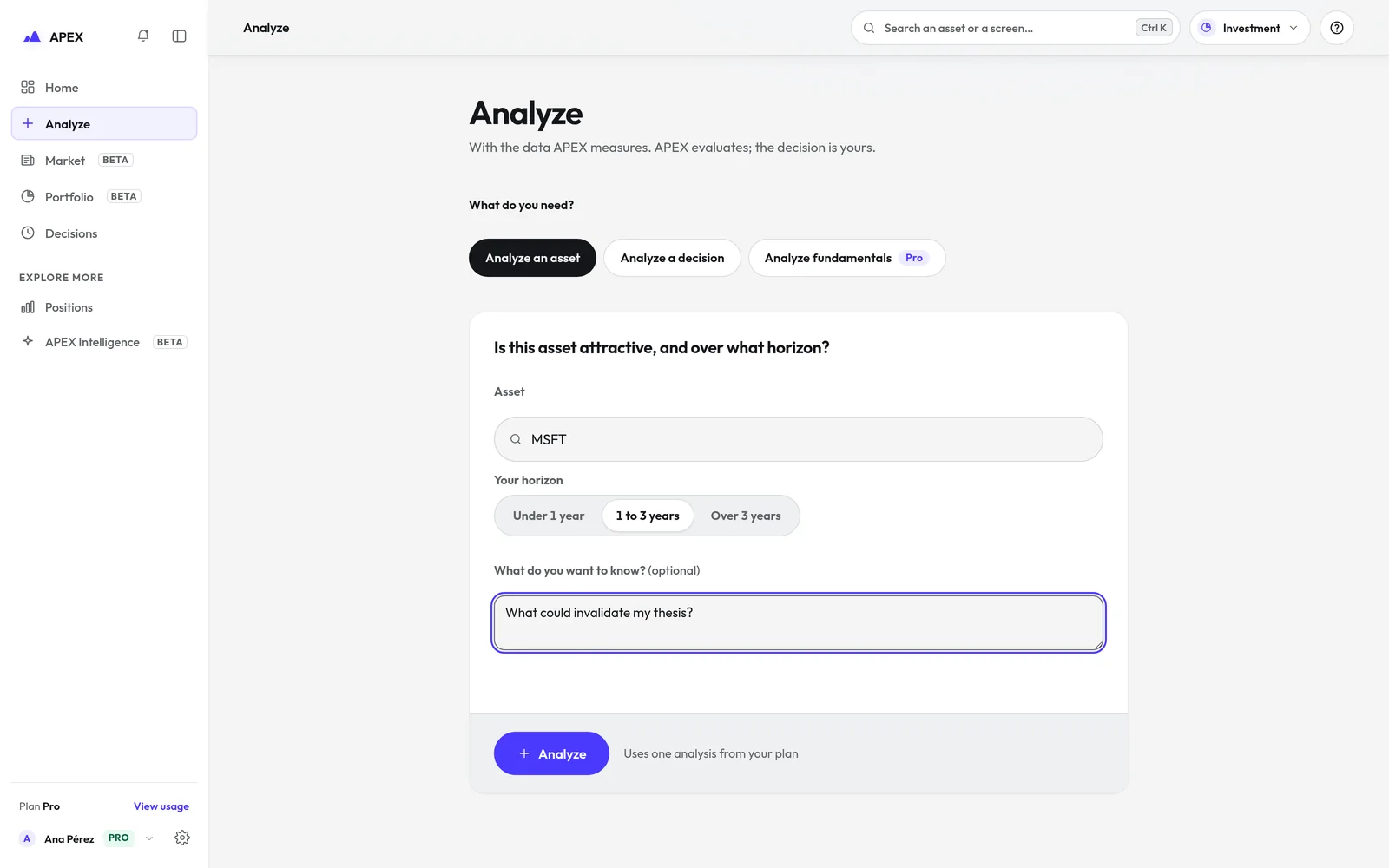 APEX Analyze screen: stock, horizon and type of analysis