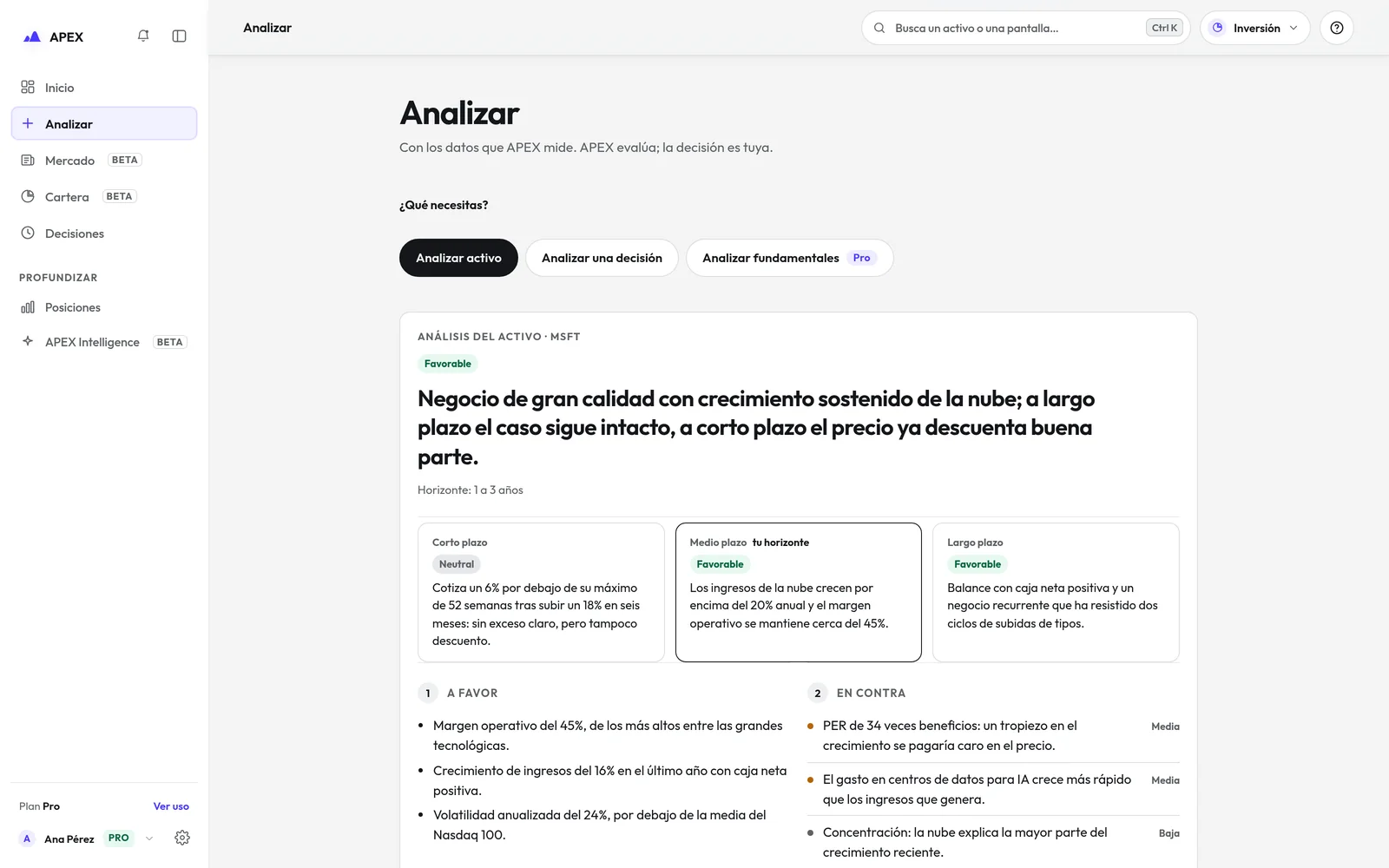 Resultado de un análisis de APEX sobre Microsoft con datos de ejemplo