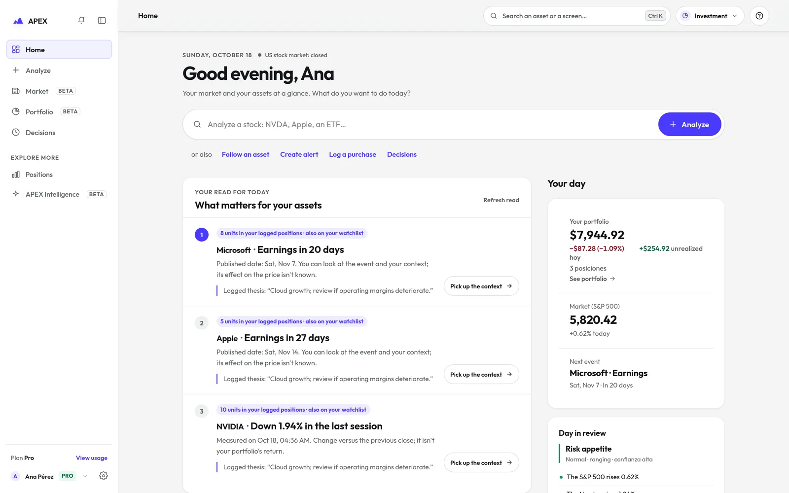 APEX Home screen in Investment Mode