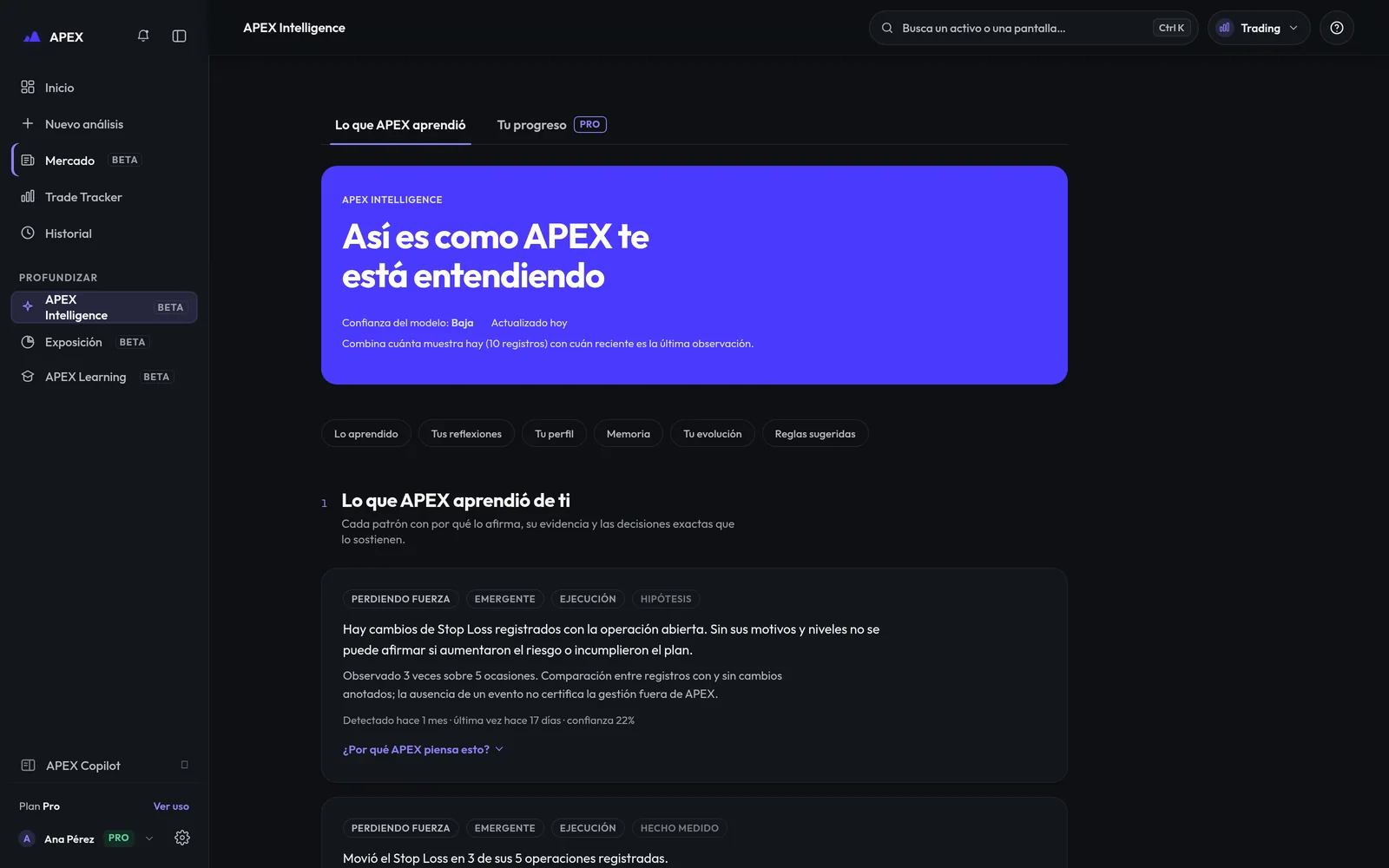 Pantalla APEX Intelligence: patrones con sus pruebas