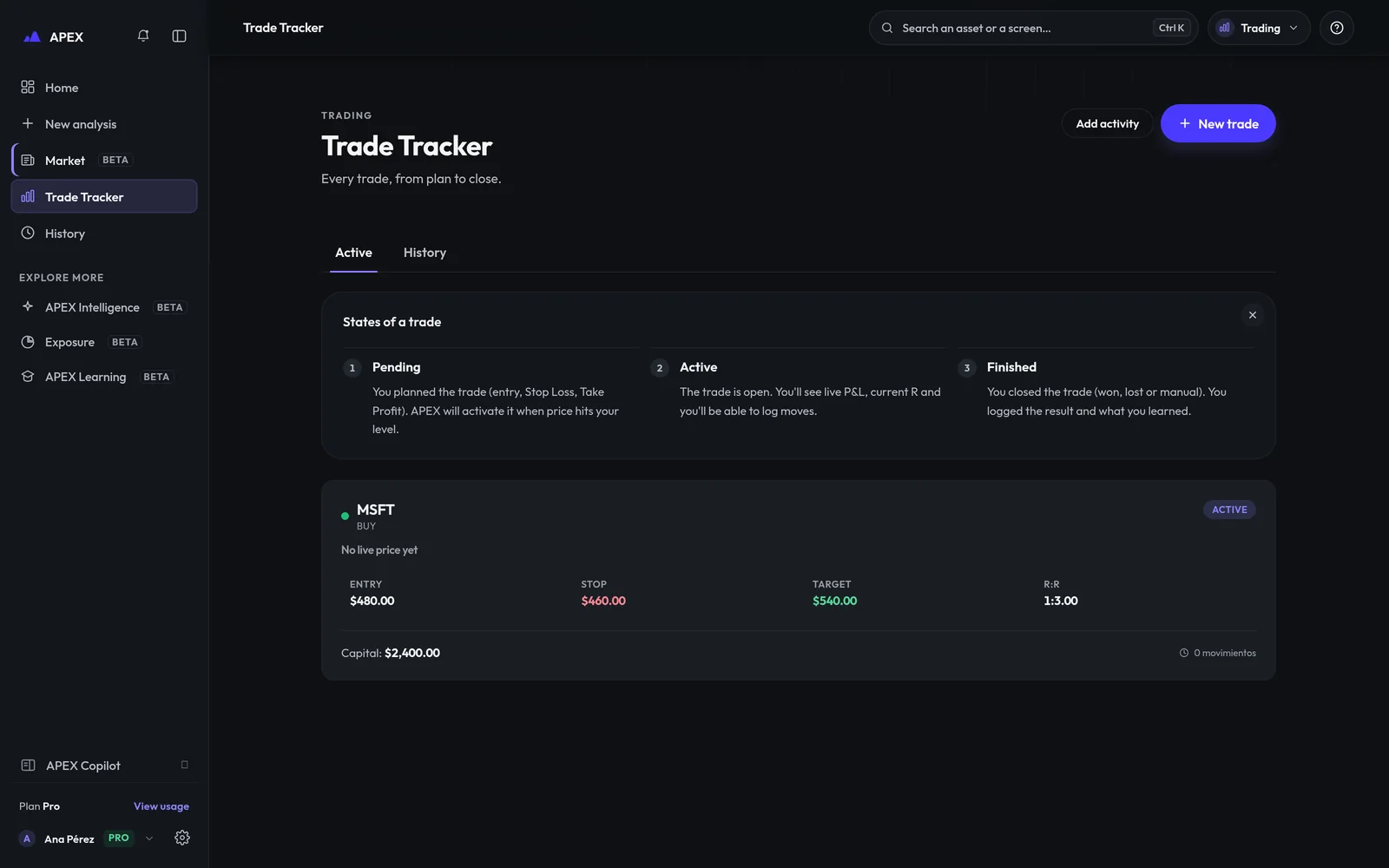 APEX Trade Tracker: recorded trades and levels
